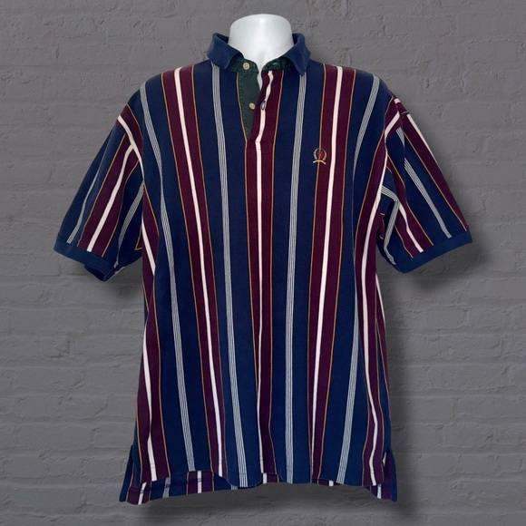 VTG - Tommy Hilfiger Polo Shirt Men’s L Crest Logo 90s Y2K Striped Short Sleeve - Picture 1 of 13